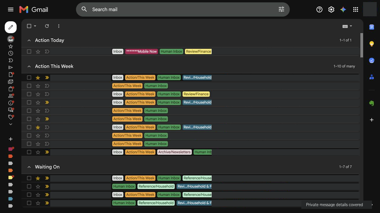 My Gmail inbox organized into decision queues