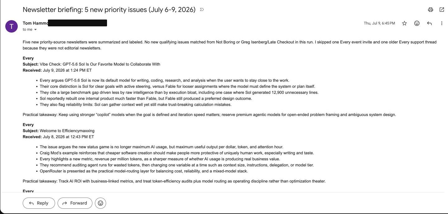 Redacted July 9 newsletter briefing email showing the subject line, introduction, and the first two newsletter summaries.